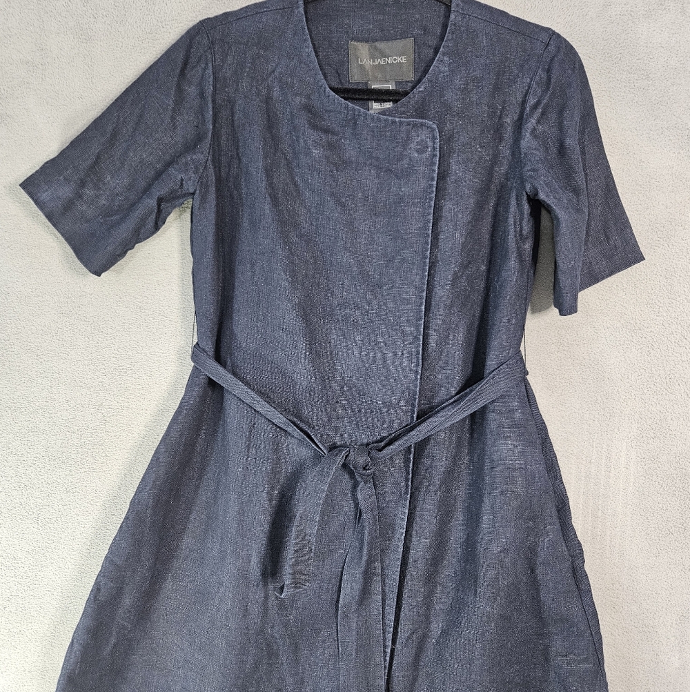 Lan Jaenicke Linen Wexley Jacket Trench Navy Blue Belt Snap Button Up Old Money